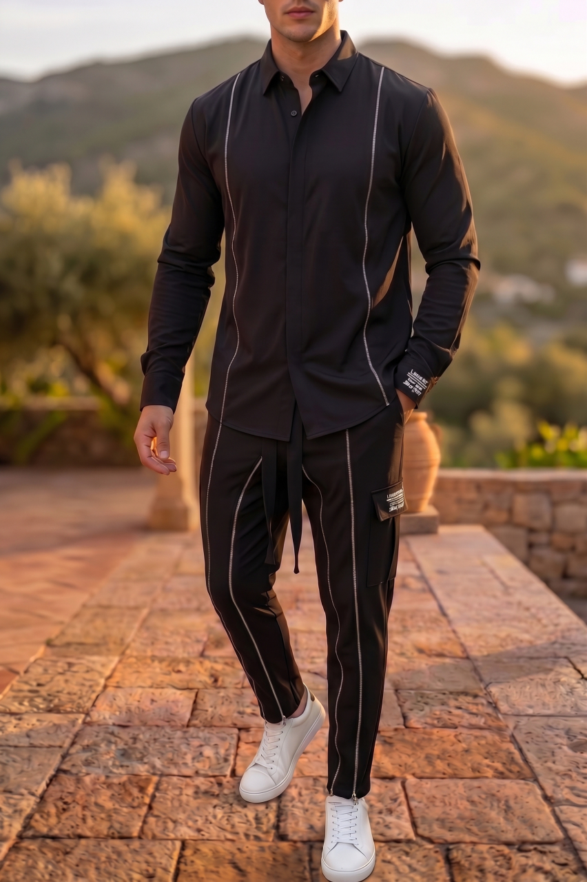 Compleu Bărbați Negru cu Fermoare Luxury Streetwear [3]