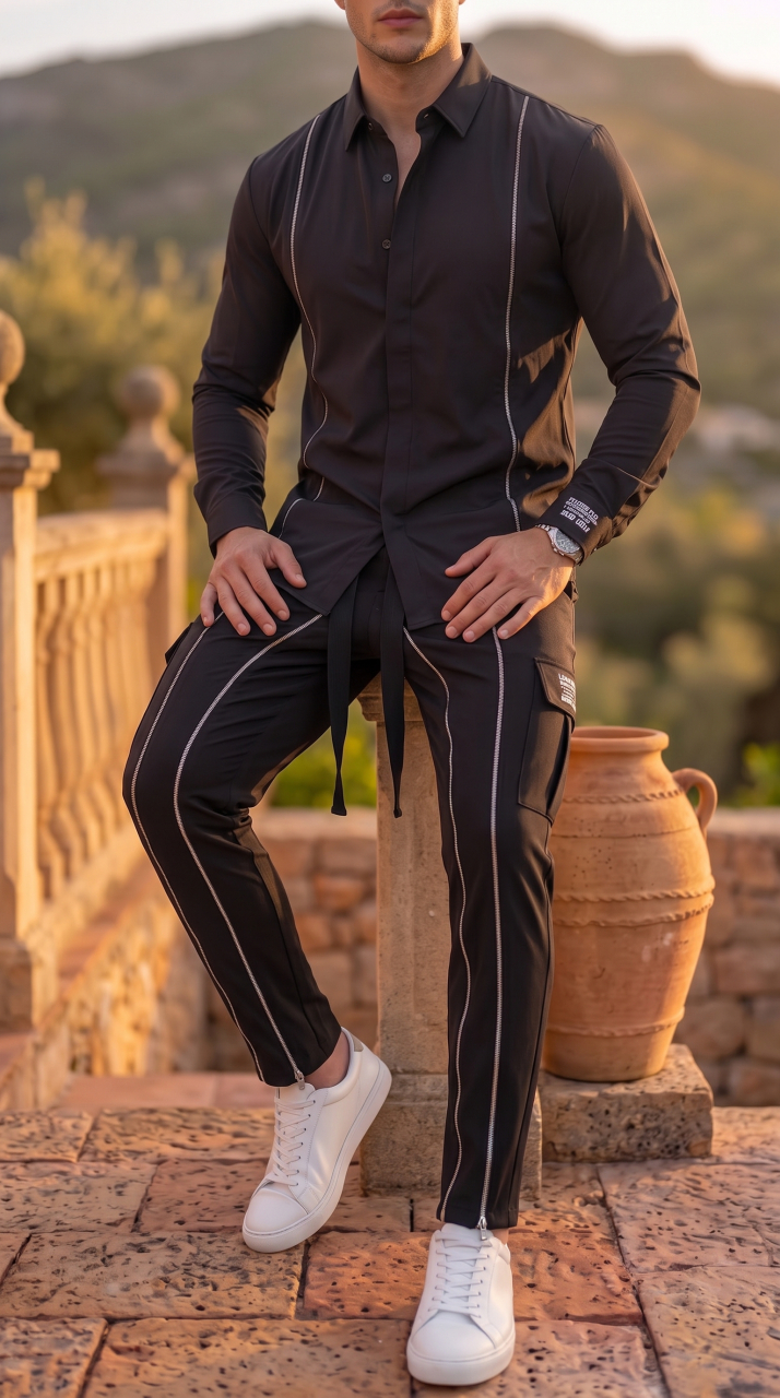 Compleu Bărbați Negru cu Fermoare Luxury Streetwear [2]