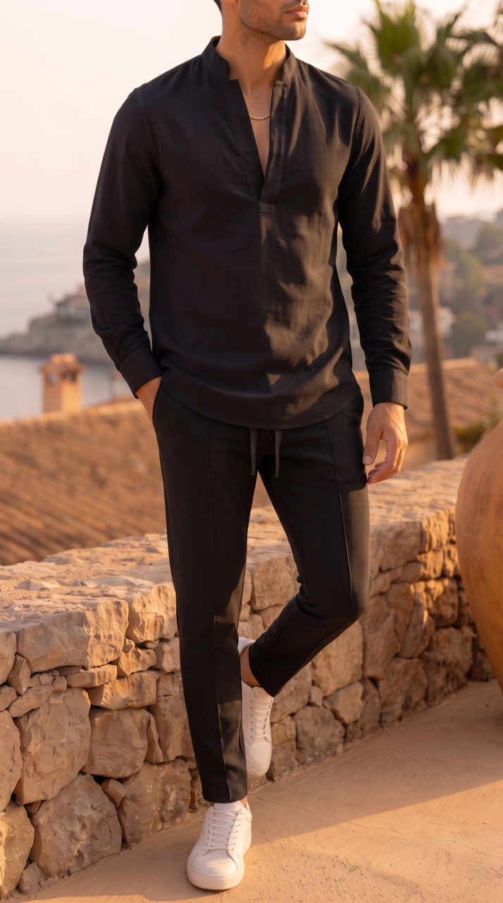 Compleu Barbati Negru Elegant Camasa Tunica V si Pantaloni [2]