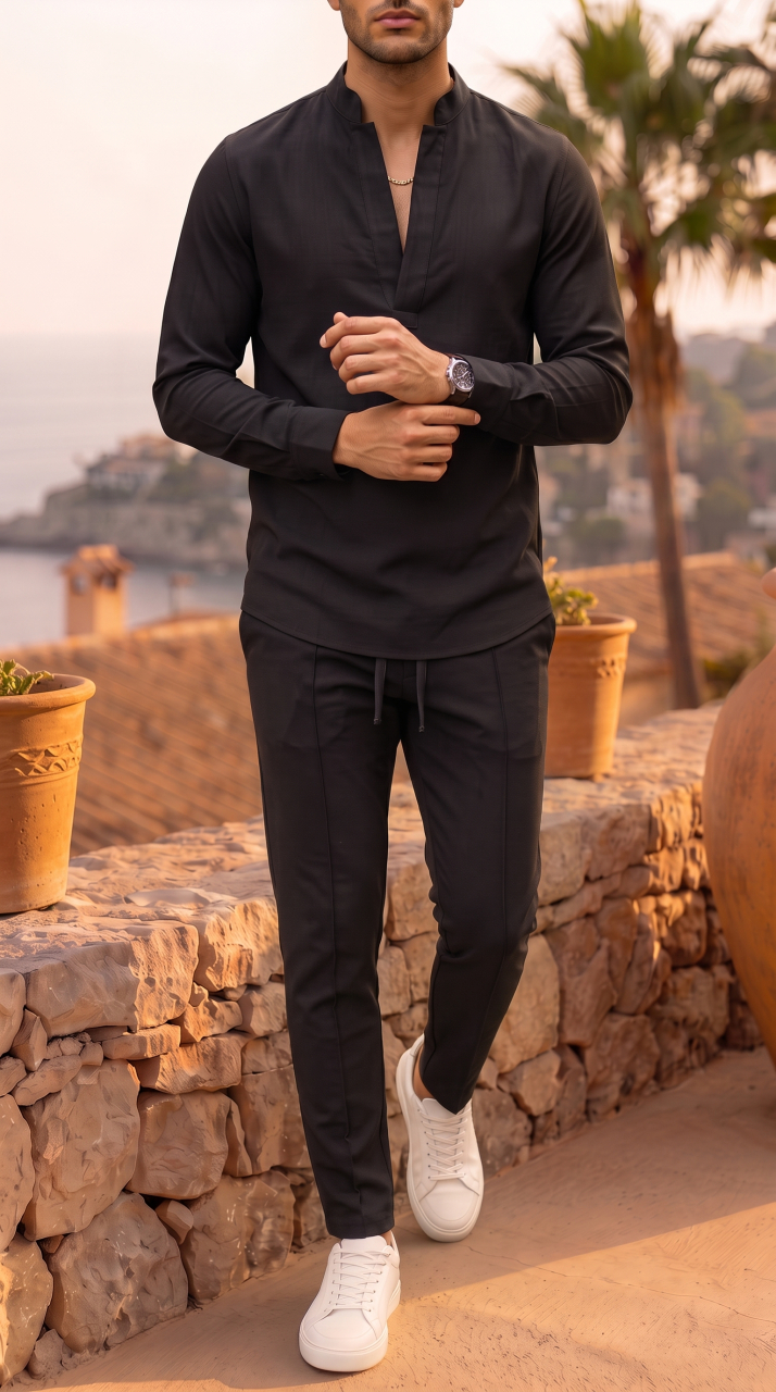 Compleu Barbati Negru Elegant Camasa Tunica V si Pantaloni [3]