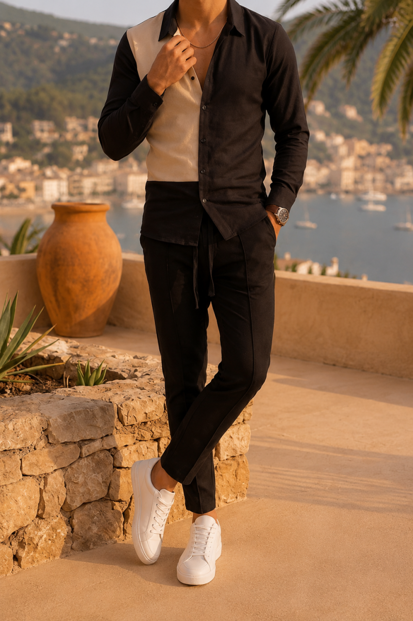 Compleu Barbati Bicolor Negru Bej Camasa si Pantaloni Satinat [2]