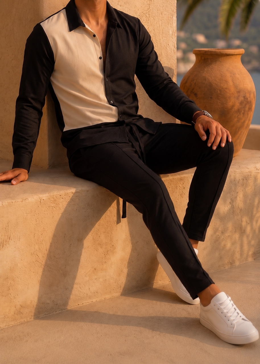 Compleu Barbati Bicolor Negru Bej Camasa si Pantaloni Satinat [3]