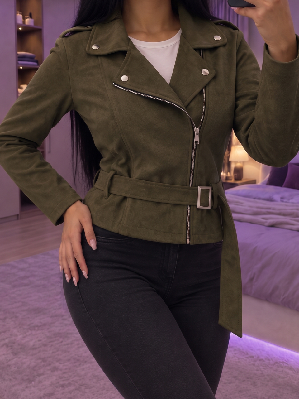 geaca-biker-dama-velur-kaki-olive-curea [2]