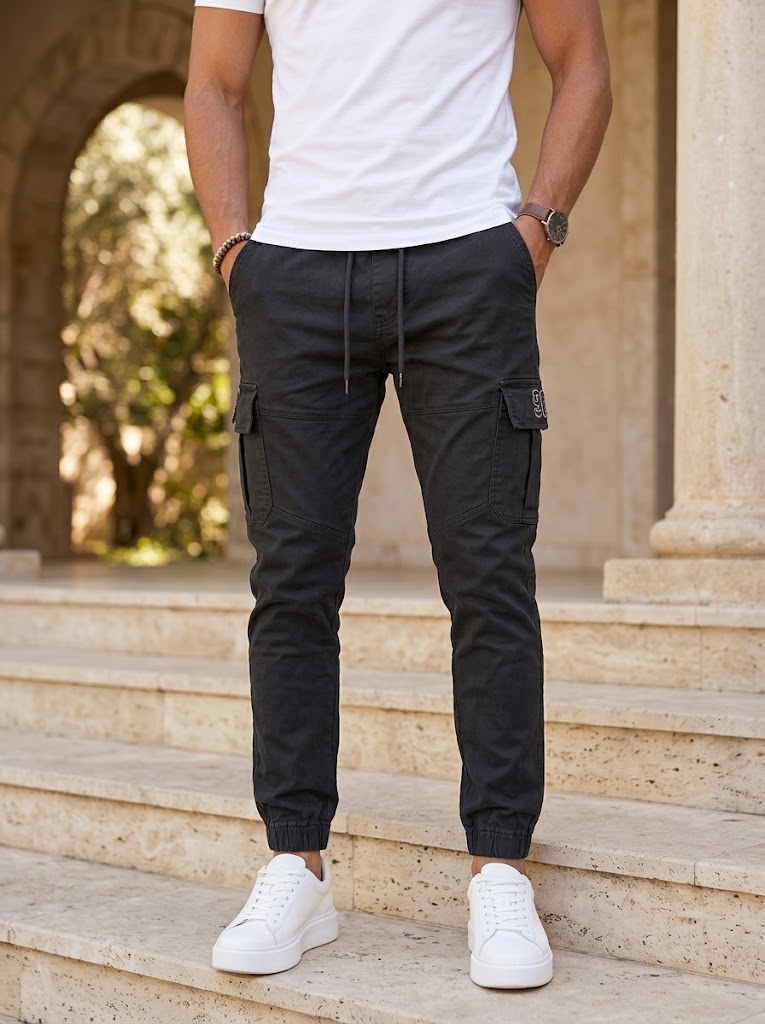 Pantaloni Jogger Cargo Barbati Negru Intens Buzunare Laterale [2]
