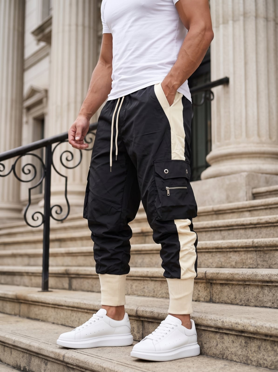 Pantaloni Cargo Slim Fit Negri cu Detalii Bej N-Bej [2]