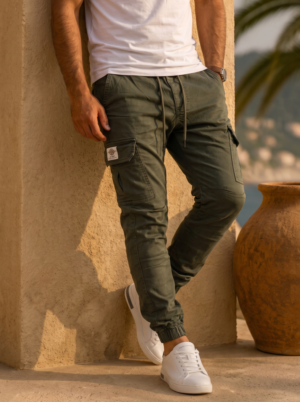 Pantaloni Cargo Barbati Verde Kaki Buzunare Laterale [2]