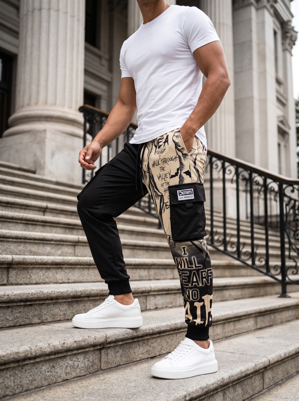 Pantaloni Slim Fit Negri cu Imprimeu Bej [2]