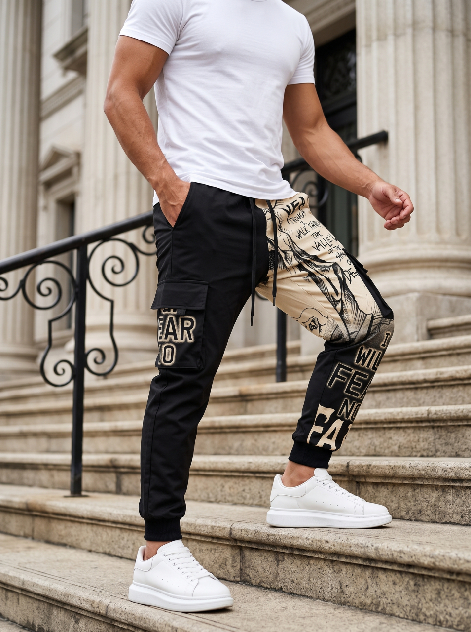 Pantaloni Slim Fit Negri cu Imprimeu Bej [3]