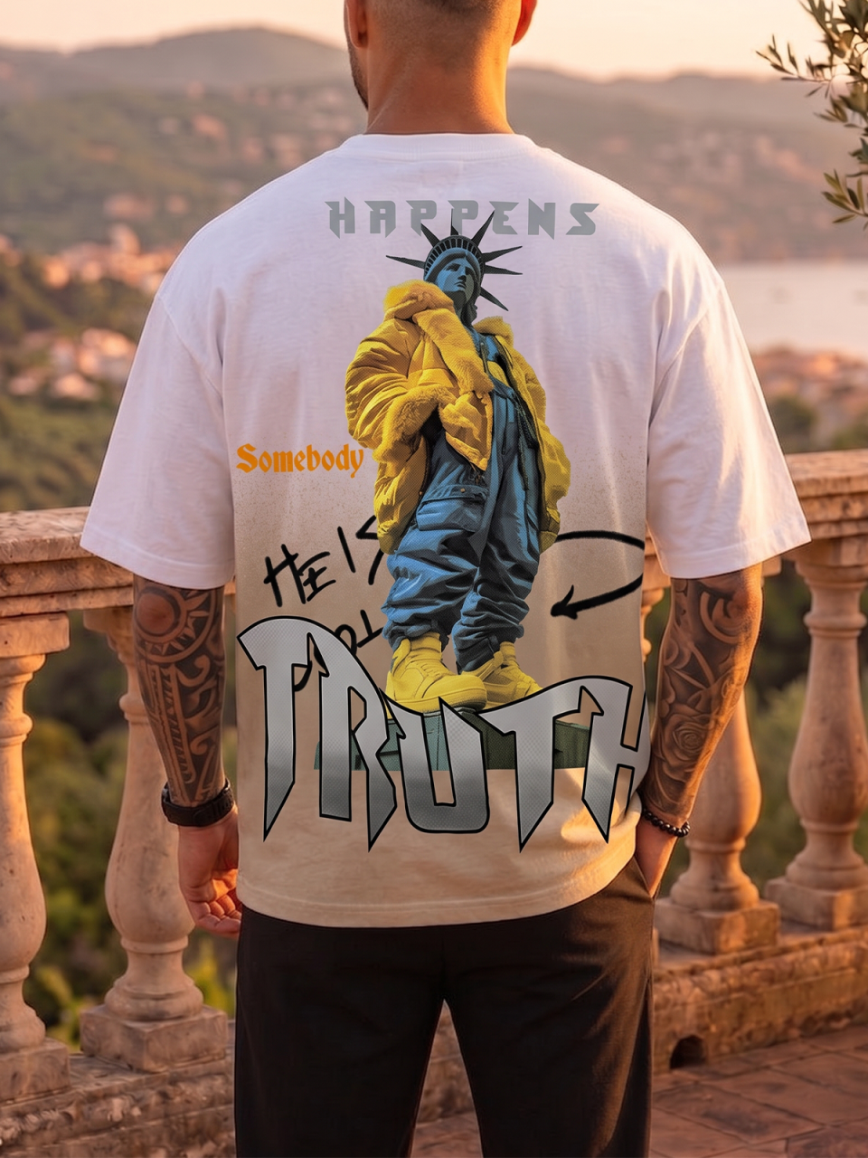 Tricou Oversize Alb & Bej cu Imprimeu Streetwear [2]