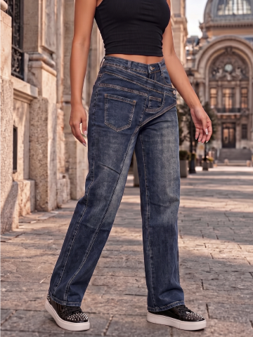 Haine pentru femei - blugi-dama-straight-leg-talie-asimetrica-suprapusa-albastru