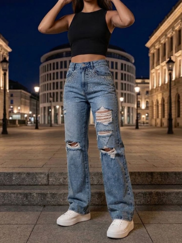 Haine pentru femei - blugi-dama-wide-leg-albastri-rupturi-pietricele