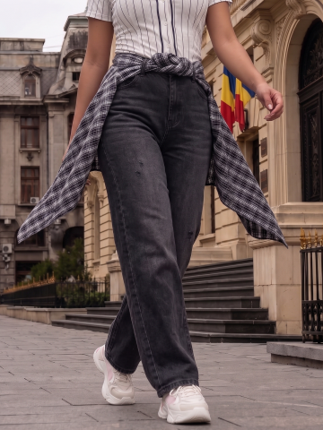 Blugi pentru femei - blugi-dama-wide-leg-charcoal-camasa-carouri-integrata