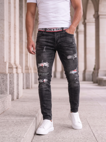 Blugi pentru bărbați - Blugi Slim Fit Negri cu Imprimeuri Fizze