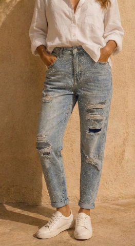 Haine pentru femei - Blugi Baggy Fit cu Strasuri Del Sole