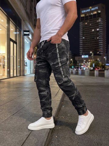 Blugi pentru bărbați - Blugi Jogger Negru Marble Effect cu Elastic