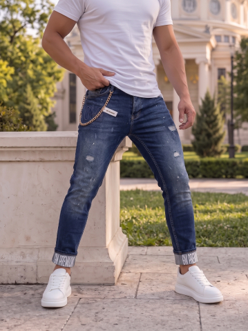Blugi pentru bărbați - Blugi Albaștri cu Lanț Decorativ GM 300