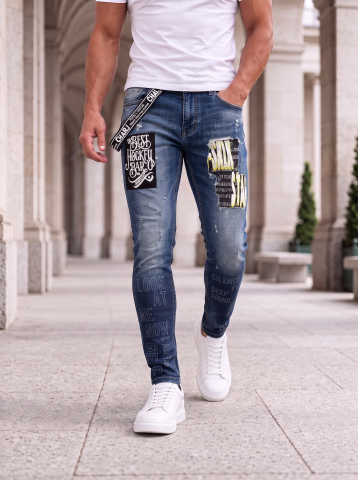 Blugi pentru bărbați - Blugi Slim Fit Albaștri cu Bretea și Imprimeuri