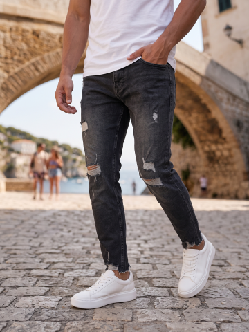 Blugi pentru bărbați - Blugi Slim Fit Denim Gri Antracit cu Tiv Nefinisat