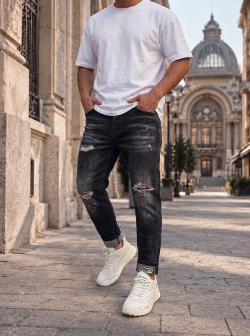 Blugi pentru bărbați - Blugi Slim Fit Negri cu Rupturi Adam