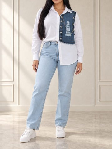 Geci & Topuri & Camasi - camasa-dama-alba-aplicatie-denim-asimetrica-lant