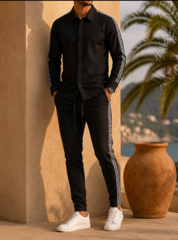 Compleuri & Treninguri pentru bărbați - Compleu Negru Banda Greceasca Camasa si Pantaloni Satinat