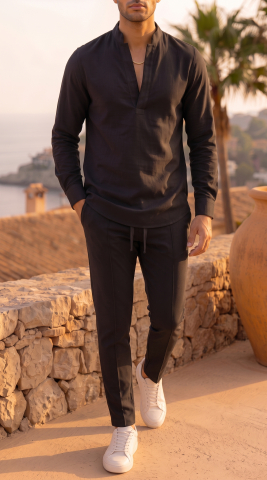 Compleuri & Treninguri pentru bărbați - Compleu Barbati Negru Elegant Camasa Tunica V si Pantaloni