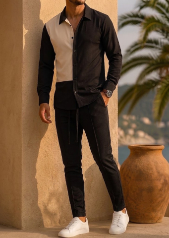 Compleuri & Treninguri pentru bărbați - Compleu Barbati Bicolor Negru Bej Camasa si Pantaloni Satinat