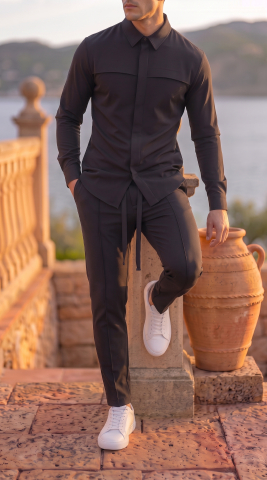 Compleuri & Treninguri pentru bărbați - Compleu Negru Elegant Camasa si Pantaloni Bumbac Satinat
