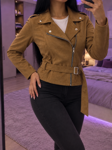 Geci & Topuri & Camasi - geaca-biker-dama-velur-maro-camel-curea