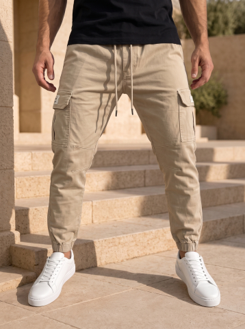 Pantaloni pentru bărbați - Pantaloni Cargo Barbati Bej Nisipiu Buzunare Laterale