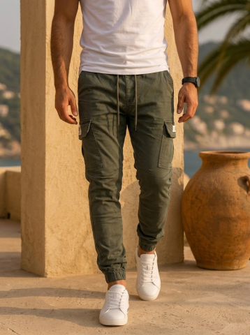 Pantaloni pentru bărbați - Pantaloni Cargo Barbati Verde Kaki Buzunare Laterale