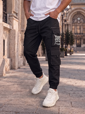 Pantaloni pentru bărbați - Pantaloni Cargo Negri din Fâș cu Buzunare