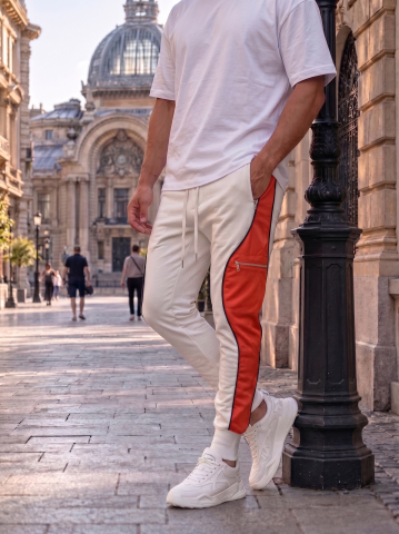 Pantaloni pentru bărbați - Pantaloni Jogger Bej cu Dungi Roșii Guston 202