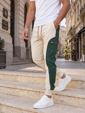 Haine pentru bărbați - Pantaloni Jogger Bej cu Panouri Verzi Guston 203
