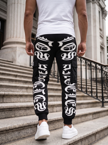 Pantaloni pentru bărbați - Pantaloni Negri cu Imprimeu Alb LA