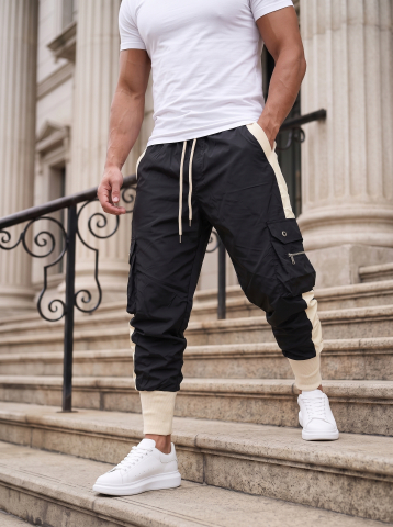 Haine pentru bărbați - Pantaloni Cargo Slim Fit Negri cu Detalii Bej N-Bej