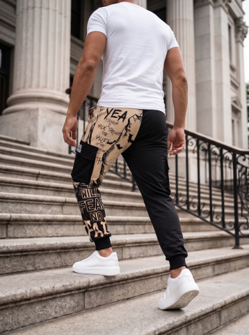 Haine pentru bărbați - Pantaloni Slim Fit Negri cu Imprimeu Bej