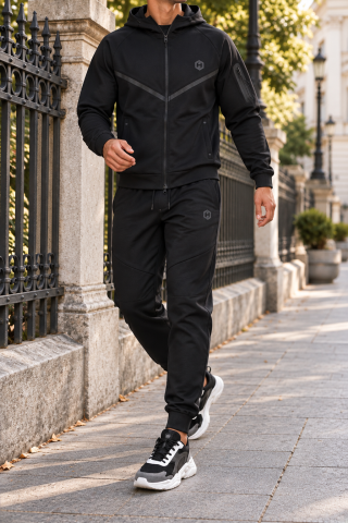 Compleuri & Treninguri pentru bărbați - trening-barbati-negru-hanorac-fermoar-linii-geometrice-jogger