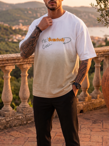 Tricouri pentru bărbați - Tricou Oversize Alb & Bej cu Imprimeu Streetwear