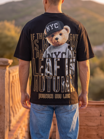 Tricouri pentru bărbați - Tricou Oversize Negru cu Imprimeu Teddy Bear
