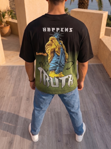 Tricouri pentru bărbați - Tricou Oversize Barbati Negru Verde Bumbac