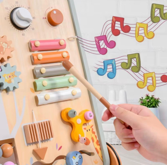 Antemergător lemn multifuncțional 2în1 – centru activități Montessori cu roți, xilofon și labirint, suport mers 34.5x35x47.5 cm 12+ luni [10]