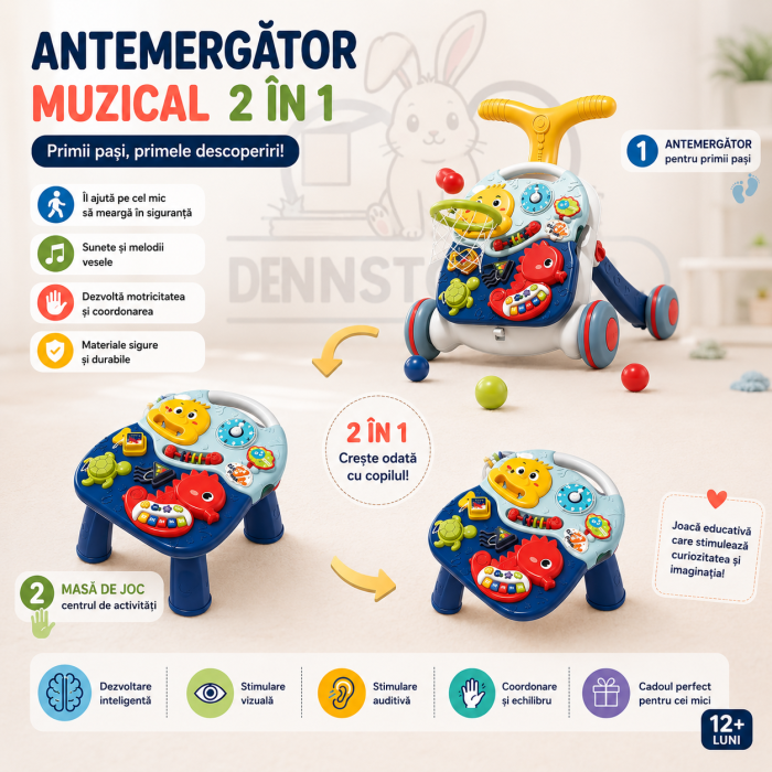 Antemergator si masuta de activitati pentru bebelusi, functie 2in 1, cu panou de activități si joaca, coș de baschet, panou pentru invatarea numerelor, formelor, lumini, sunete [5]