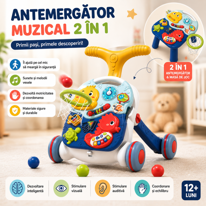 Antemergator si masuta de activitati pentru bebelusi, functie 2in 1, cu panou de activități si joaca, coș de baschet, panou pentru invatarea numerelor, formelor, lumini, sunete [4]
