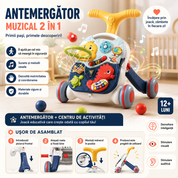 Antemergator si masuta de activitati pentru bebelusi, functie 2in 1, cu panou de activități si joaca, coș de baschet, panou pentru invatarea numerelor, formelor, lumini, sunete [2]