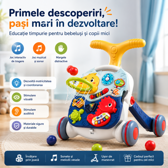 Antemergator si masuta de activitati pentru bebelusi, functie 2in 1, cu panou de activități si joaca, coș de baschet, panou pentru invatarea numerelor, formelor, lumini, sunete [3]