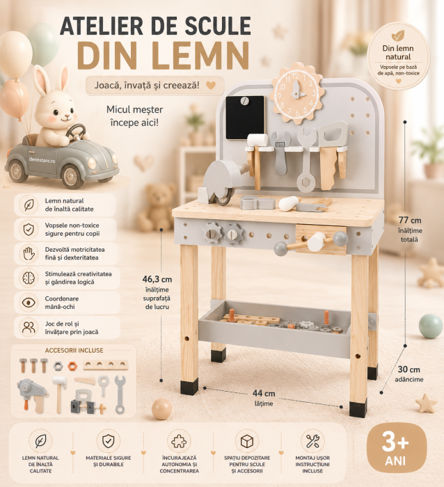 Atelier scule, jucărie din lemn 77 cm — atelier Montessori pentru copii cu accesorii, şurubelniţă, ciocan, menghina, suport scule și spațiu depozitare, dezvoltare motrică 3+ ani [2]