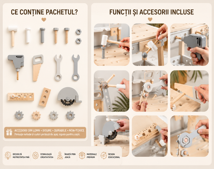 Atelier scule, jucărie din lemn 77 cm — atelier Montessori pentru copii cu accesorii, şurubelniţă, ciocan, menghina, suport scule și spațiu depozitare, dezvoltare motrică 3+ ani [5]