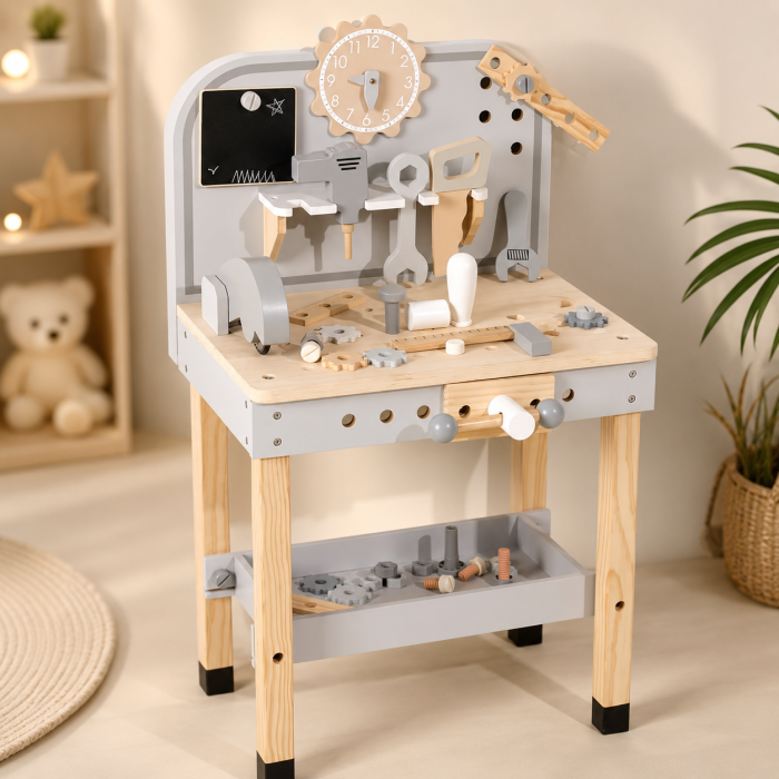 Atelier scule, jucărie din lemn 77 cm — atelier Montessori pentru copii cu accesorii, şurubelniţă, ciocan, menghina, suport scule și spațiu depozitare, dezvoltare motrică 3+ ani [3]