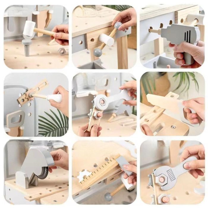 Atelier scule, jucărie din lemn 77 cm — atelier Montessori pentru copii cu accesorii, şurubelniţă, ciocan, menghina, suport scule și spațiu depozitare, dezvoltare motrică 3+ ani [6]